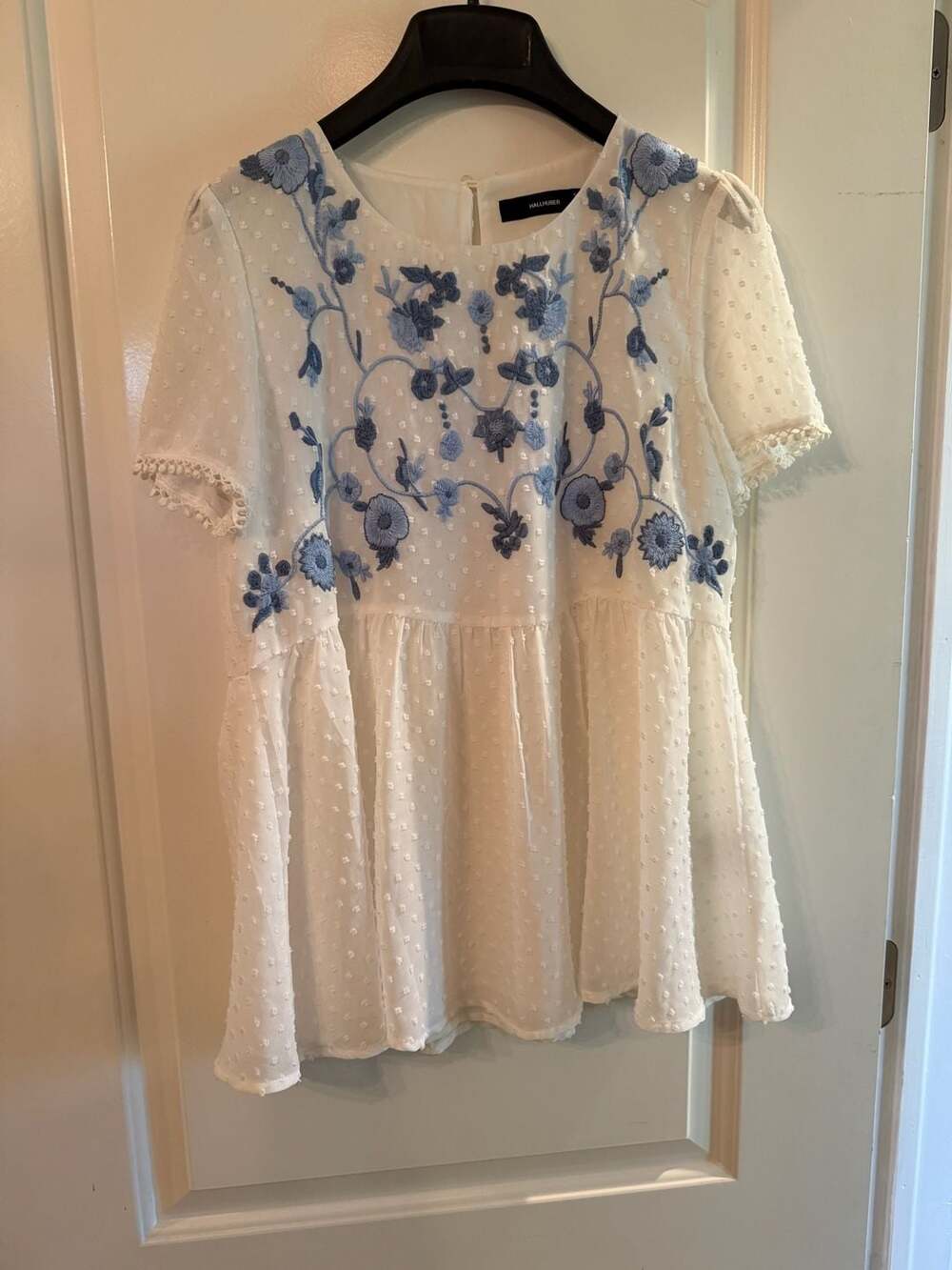 Hallhuber Embroidered Blouse Size EUR 36 White Blue Floral Peplum